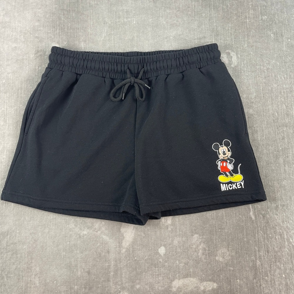 Disney Women XL Black Mickey Mouse Graphic Fleece Sweat Shorts Drawstring Pocket